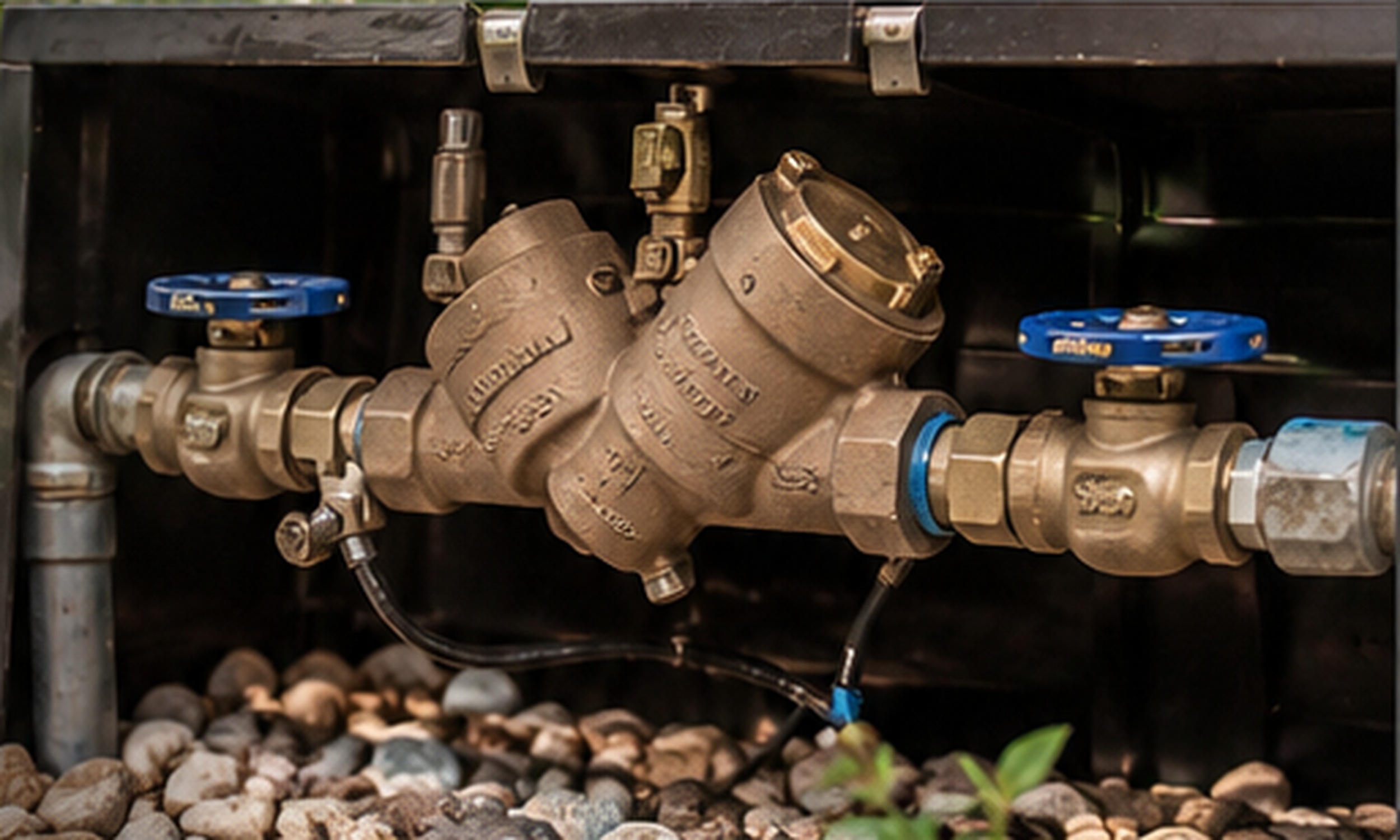 Residential irrigation backflow preventer installed beside a home