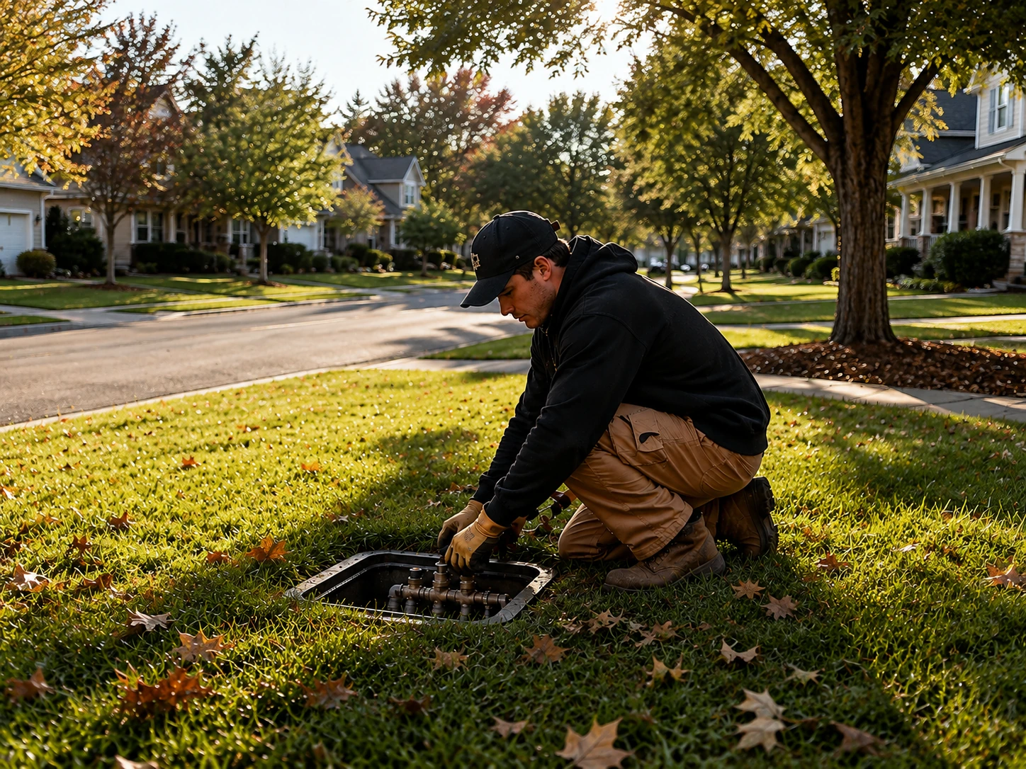 Sprinkler technician preparing a residential irrigation system for winter