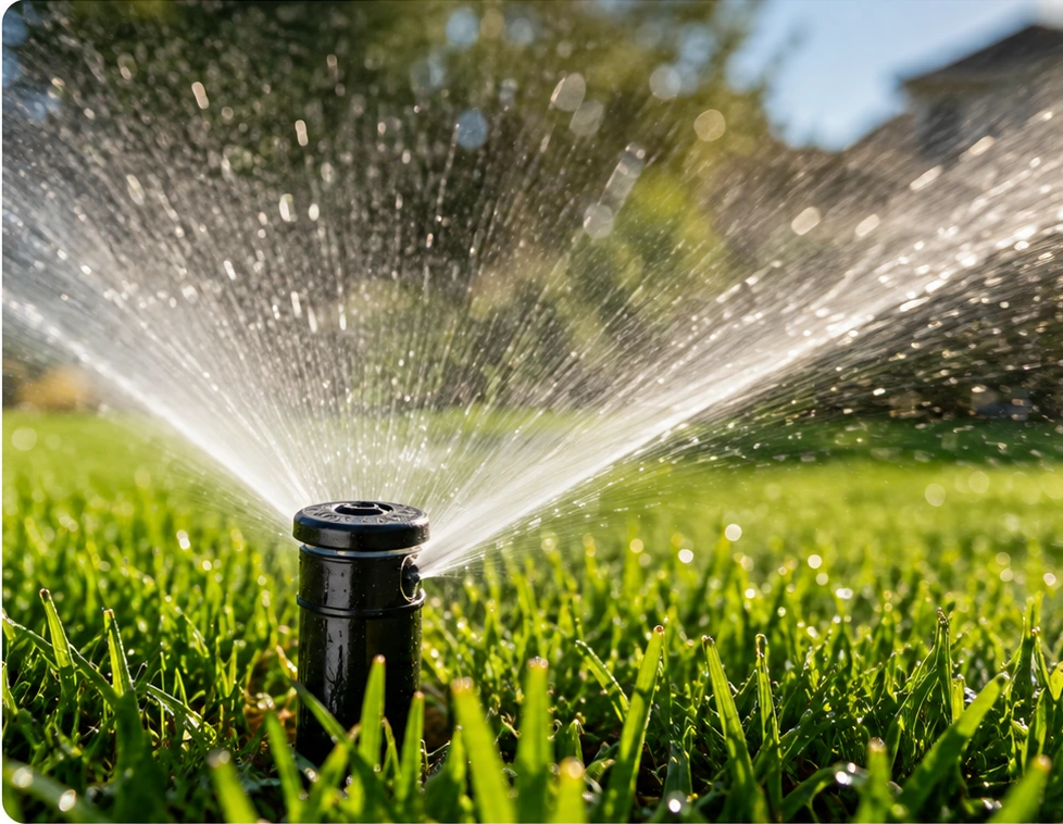 Sprinkler head watering a healthy green lawn
