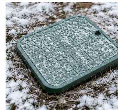 Irrigation valve-box cover surrounded by frost and snow