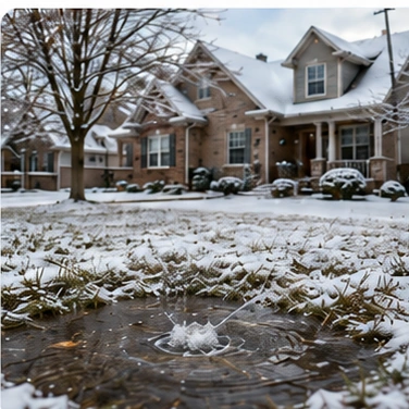 Water bubbling through a snow-covered lawn after freeze damage