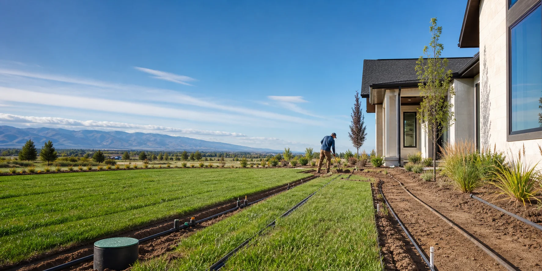 Sprinkler installation beside a new Treasure Valley home