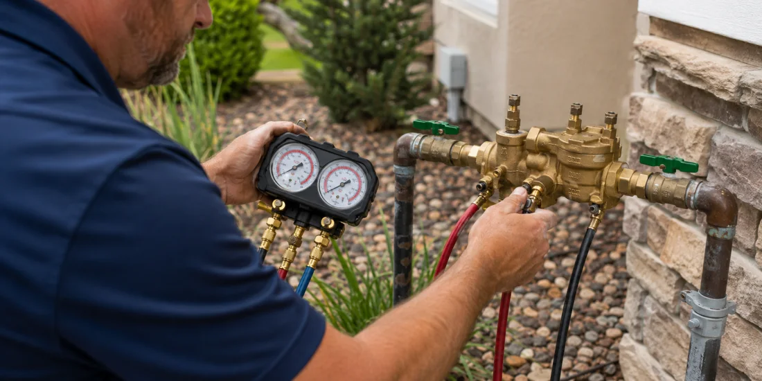 Technician servicing a residential irrigation backflow preventer