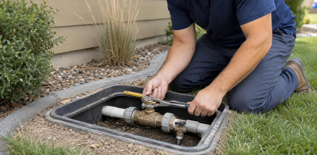 Technician servicing a sprinkler main shutoff and drain