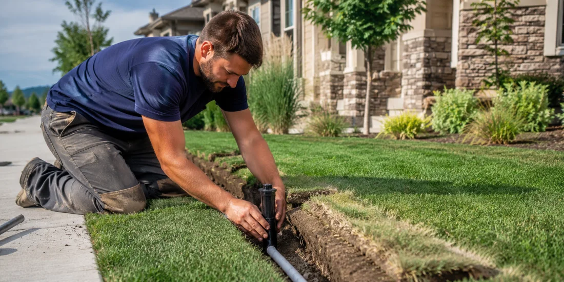Sprinkler technician installing a new residential irrigation system