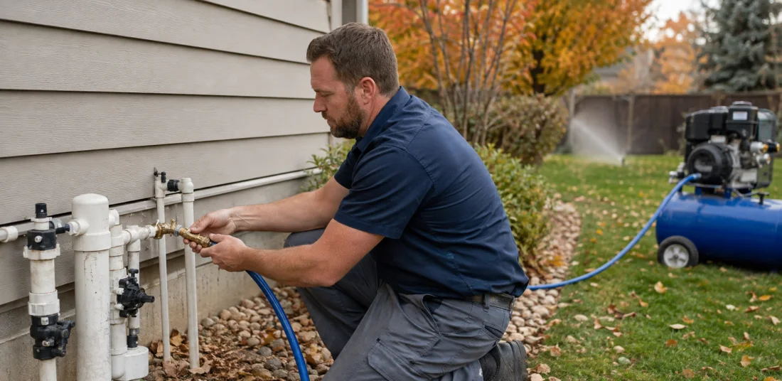 Sprinkler technician winterizing a residential irrigation system