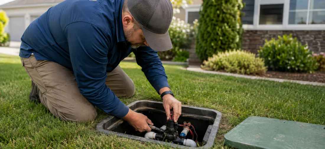 Sprinkler technician repairing valves in a residential lawn