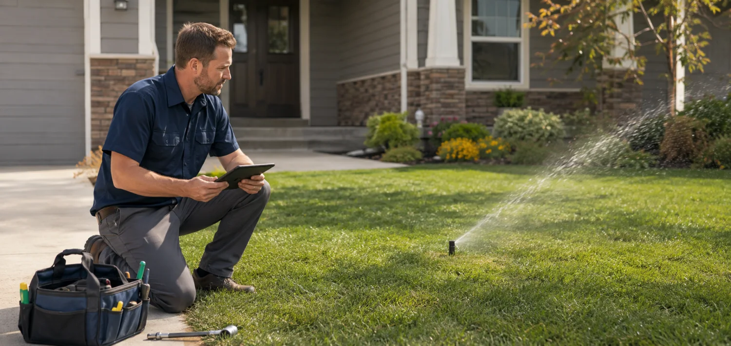 Sprinkler technician completing a seasonal irrigation check