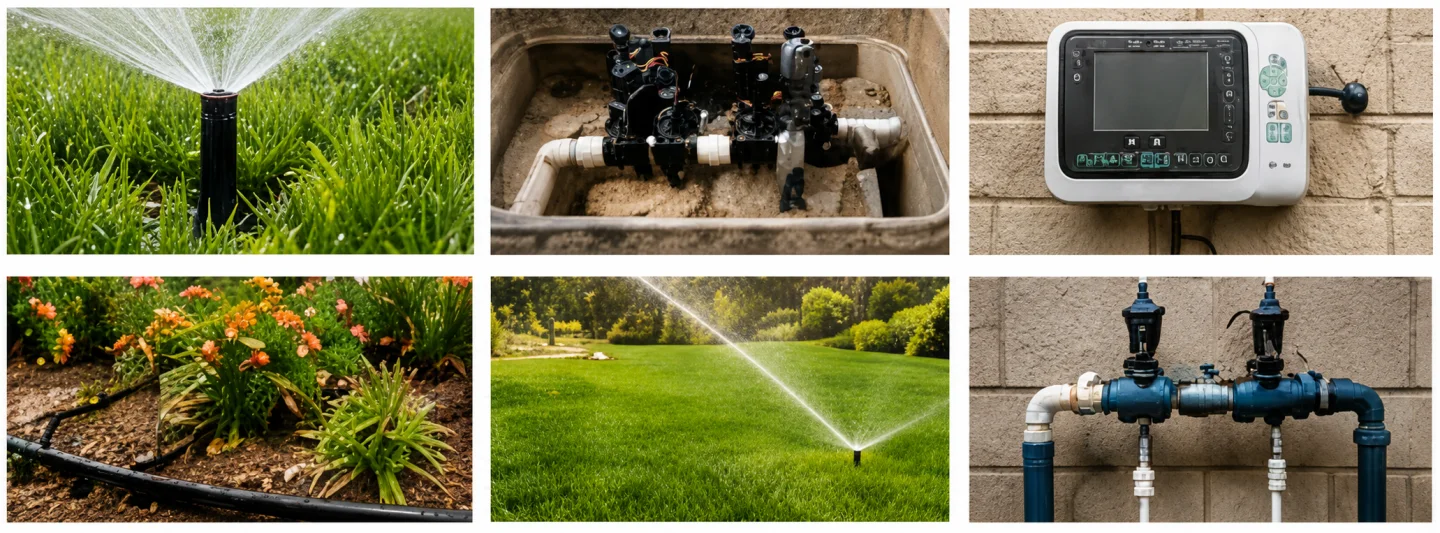 Examples of sprinkler coverage, drip irrigation, a smart controller, and backflow protection