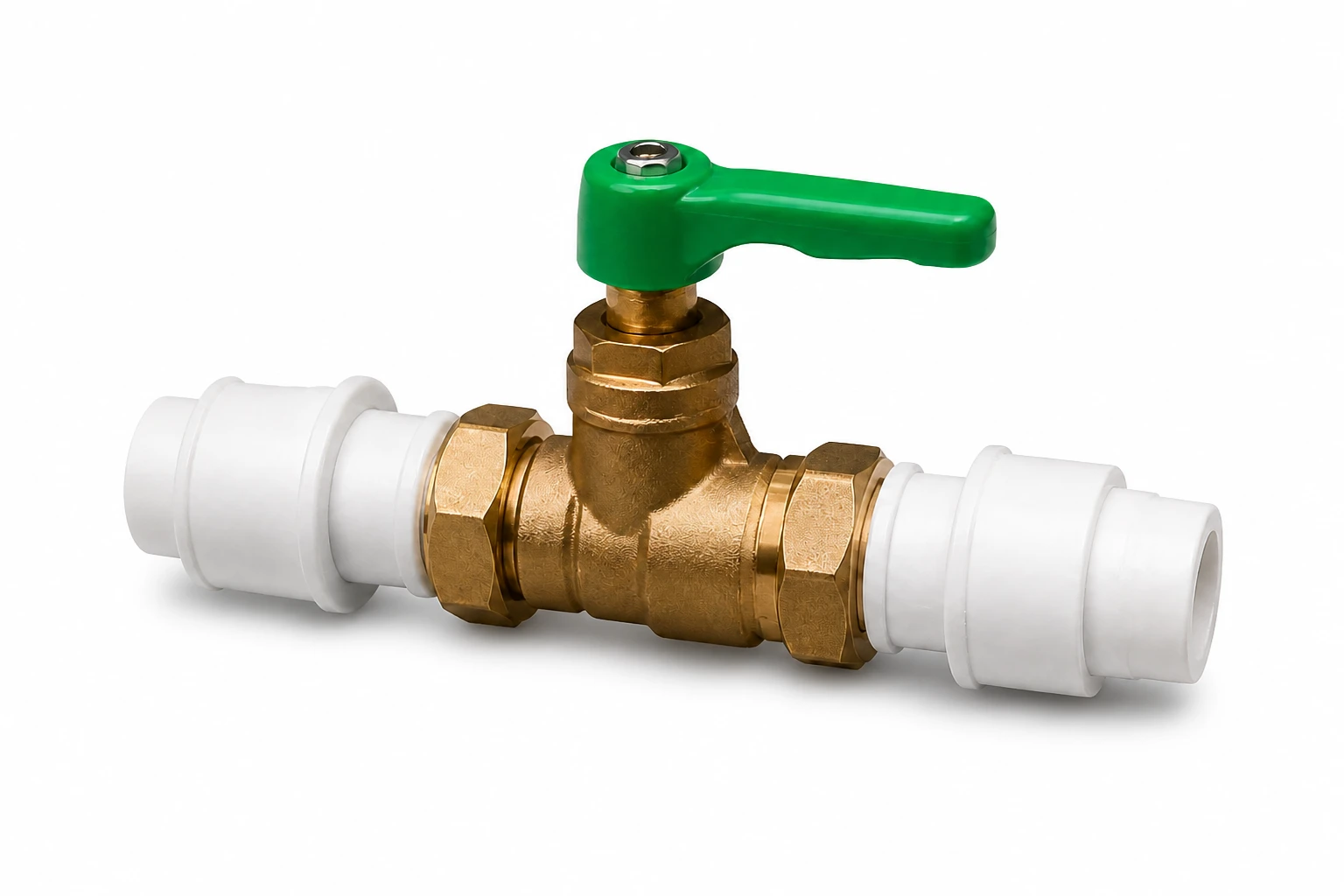 Modern brass ball valve with a green quarter-turn handle