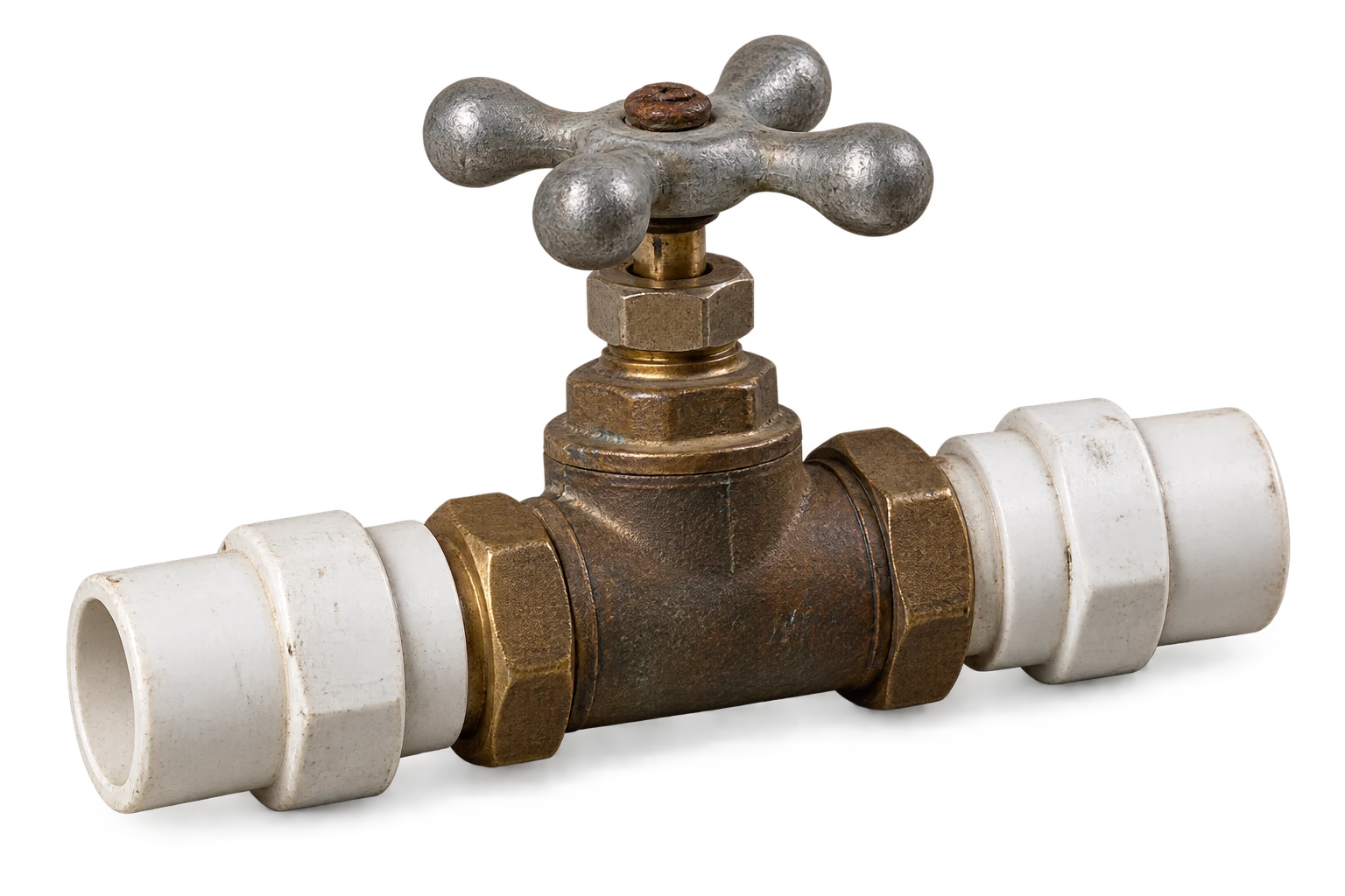 Older brass valve with a traditional gray cross handle