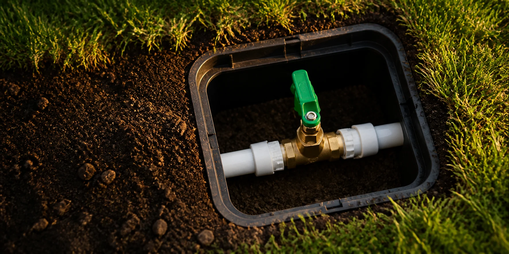 Modern brass sprinkler main and drain valve with a green quarter-turn handle inside an underground valve box