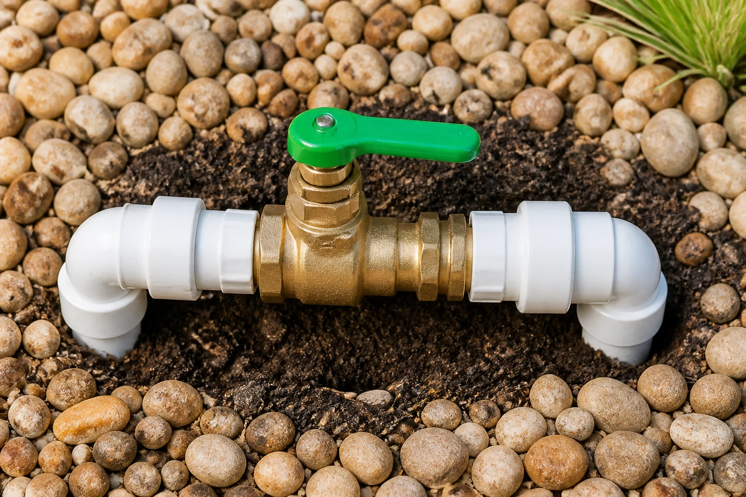 Brass main and drain ball valve with green handle installed between white PVC fittings
