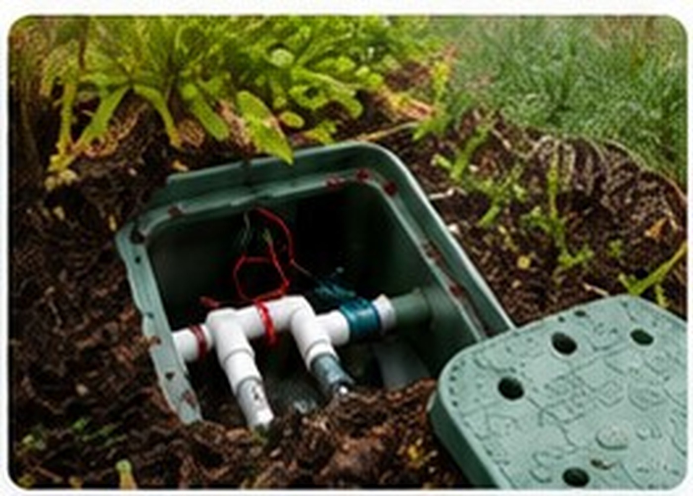 Open in-ground sprinkler valve box with irrigation lines and wiring