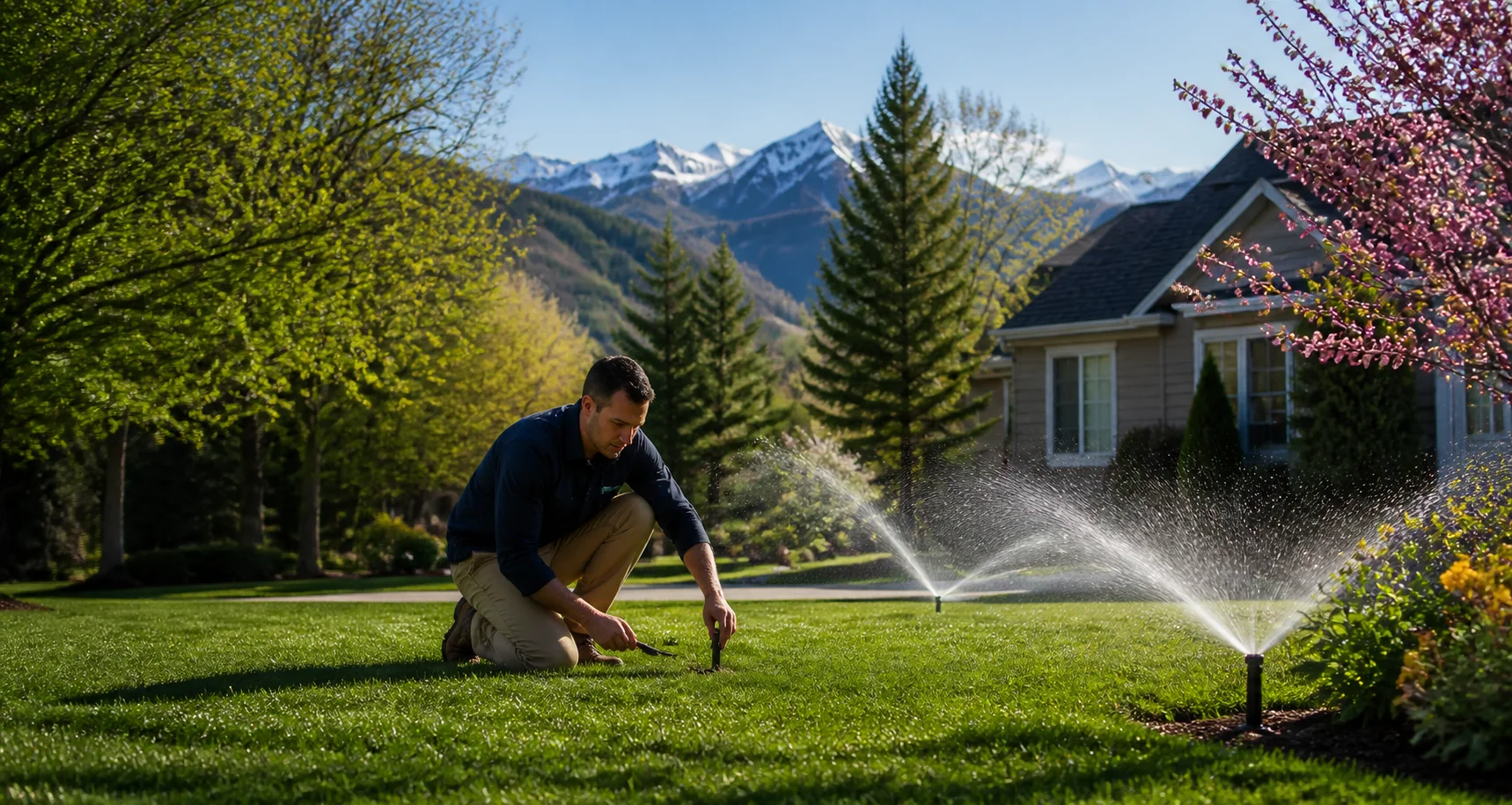 Sprinkler technician checking a lawn irrigation system in spring
