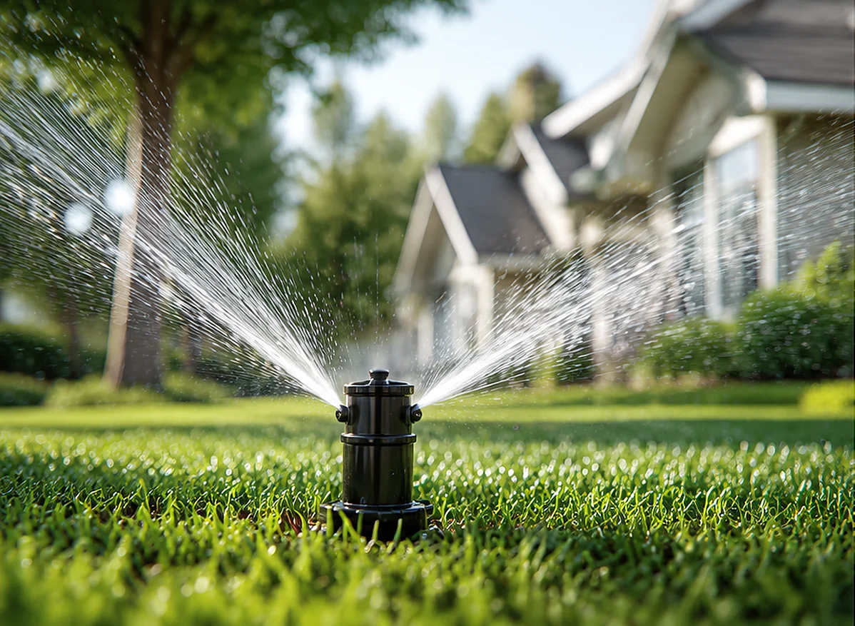 Sprinkler head operating in a healthy residential lawn