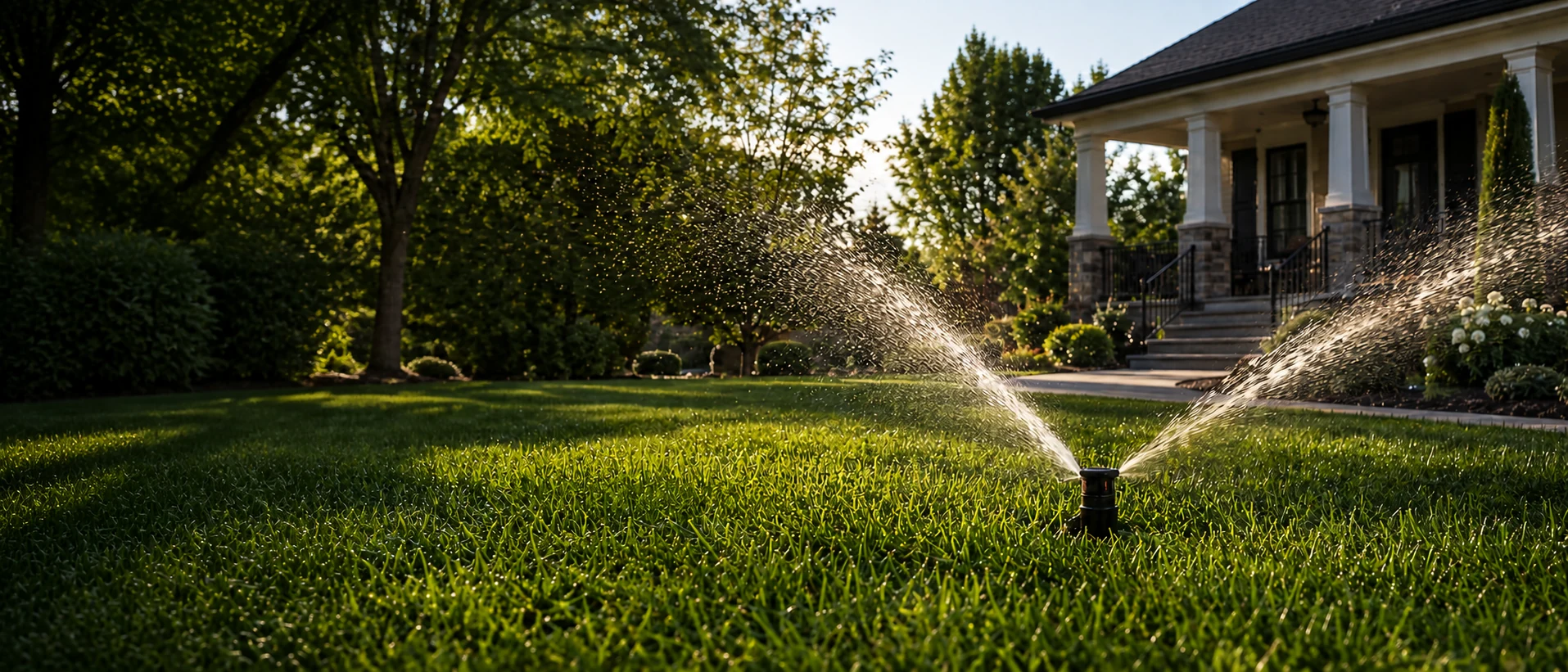 A sprinkler watering a landscaped lawn beside a Treasure Valley home